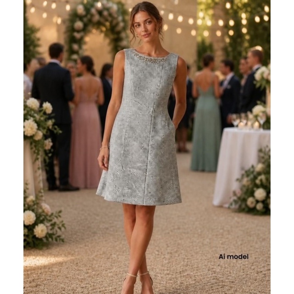 Tahari Arthur S Levine Ivory With Silver Pattern Dress Nwt Size 14 - Picture 7 of 8